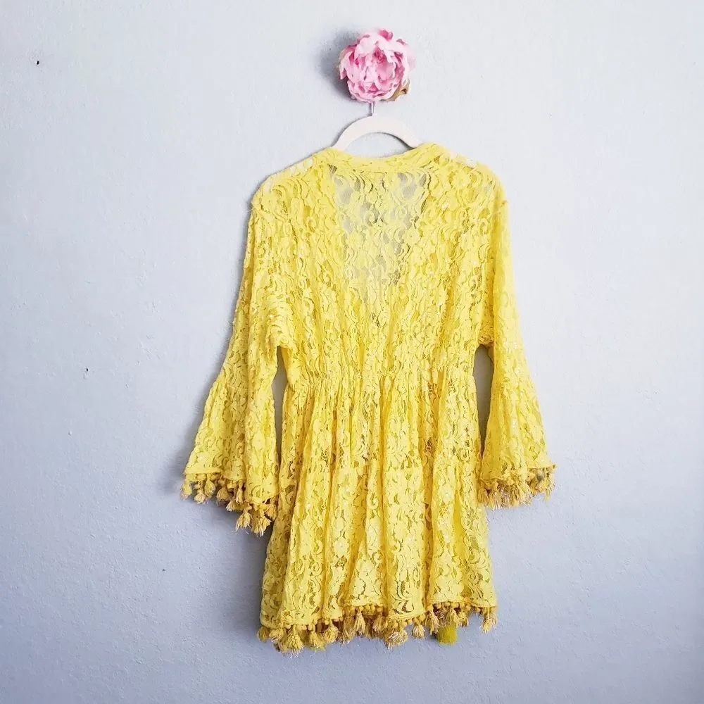 Antica Sartoria by Giacomo Cinque Yellow Lace Beaded Pom Pom Mini Dress